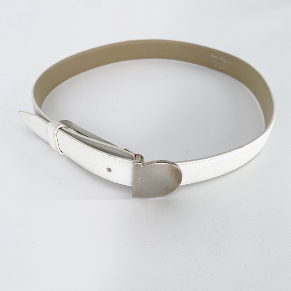 Salvatore Ferragamo White Italian Leather Silver Buckle Waist Belt
